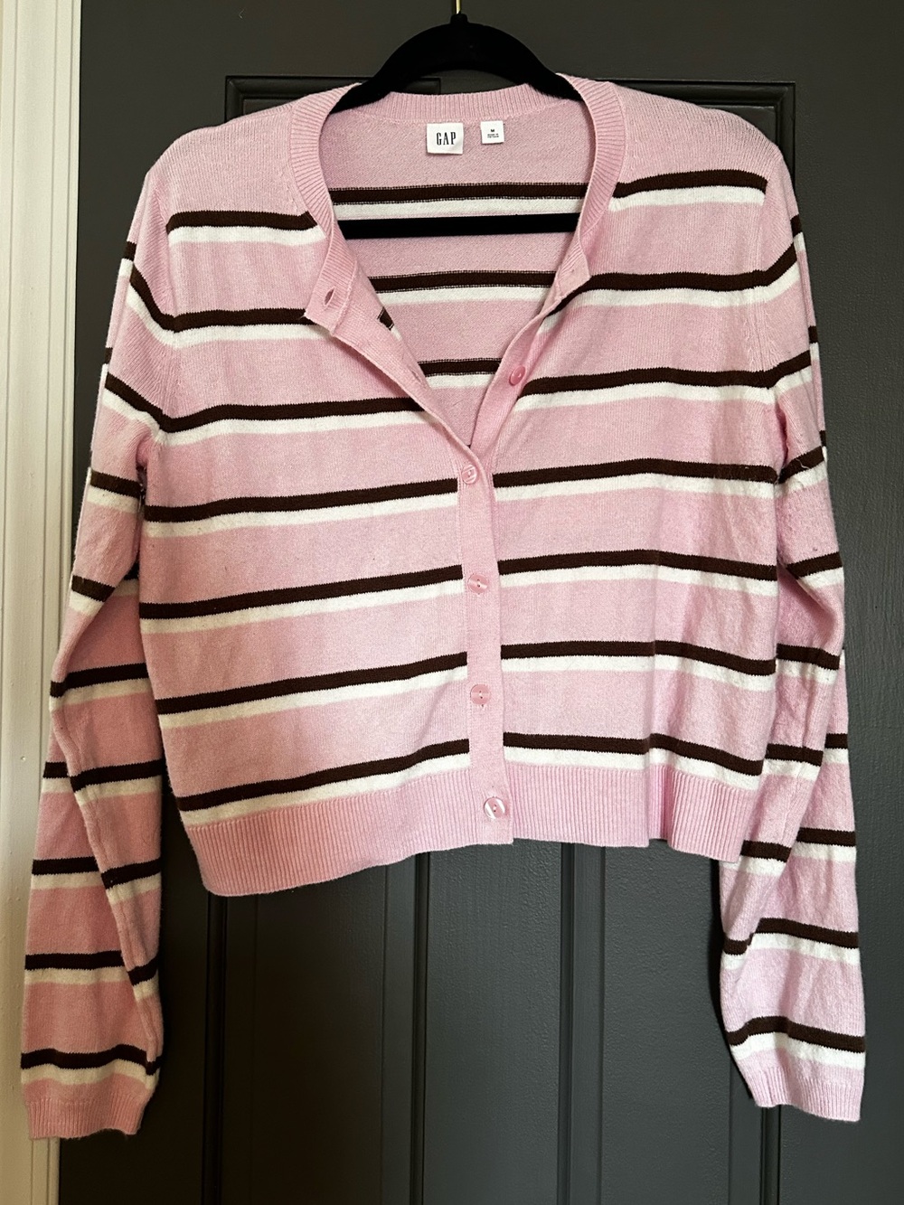 GAP Pink, Brown & White Striped Button-Front Cropped Cardigan